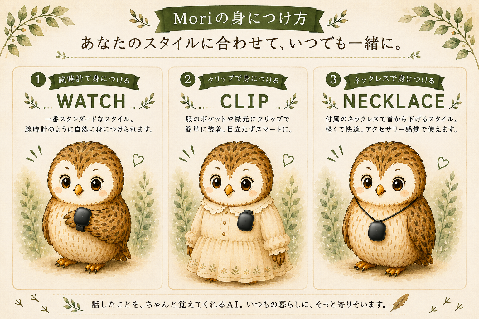 Moriをウォッチ・クリップ・ネックレスとして身につける方法