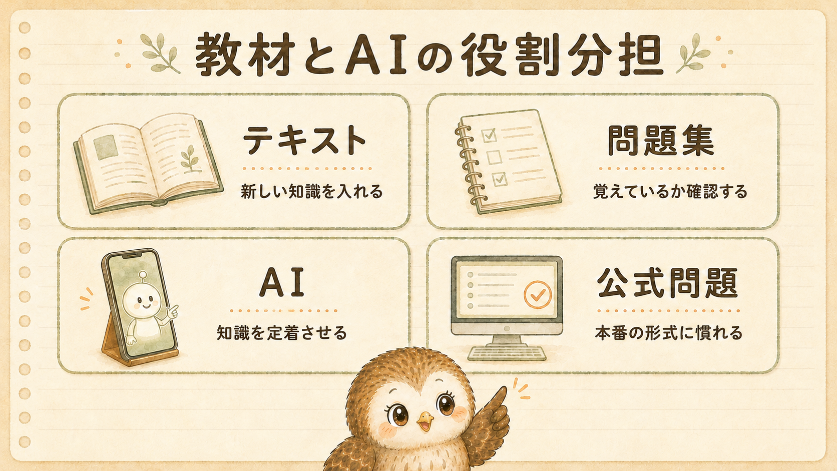 FP3級学習におけるテキスト・問題集・AI・公式問題の役割分担図