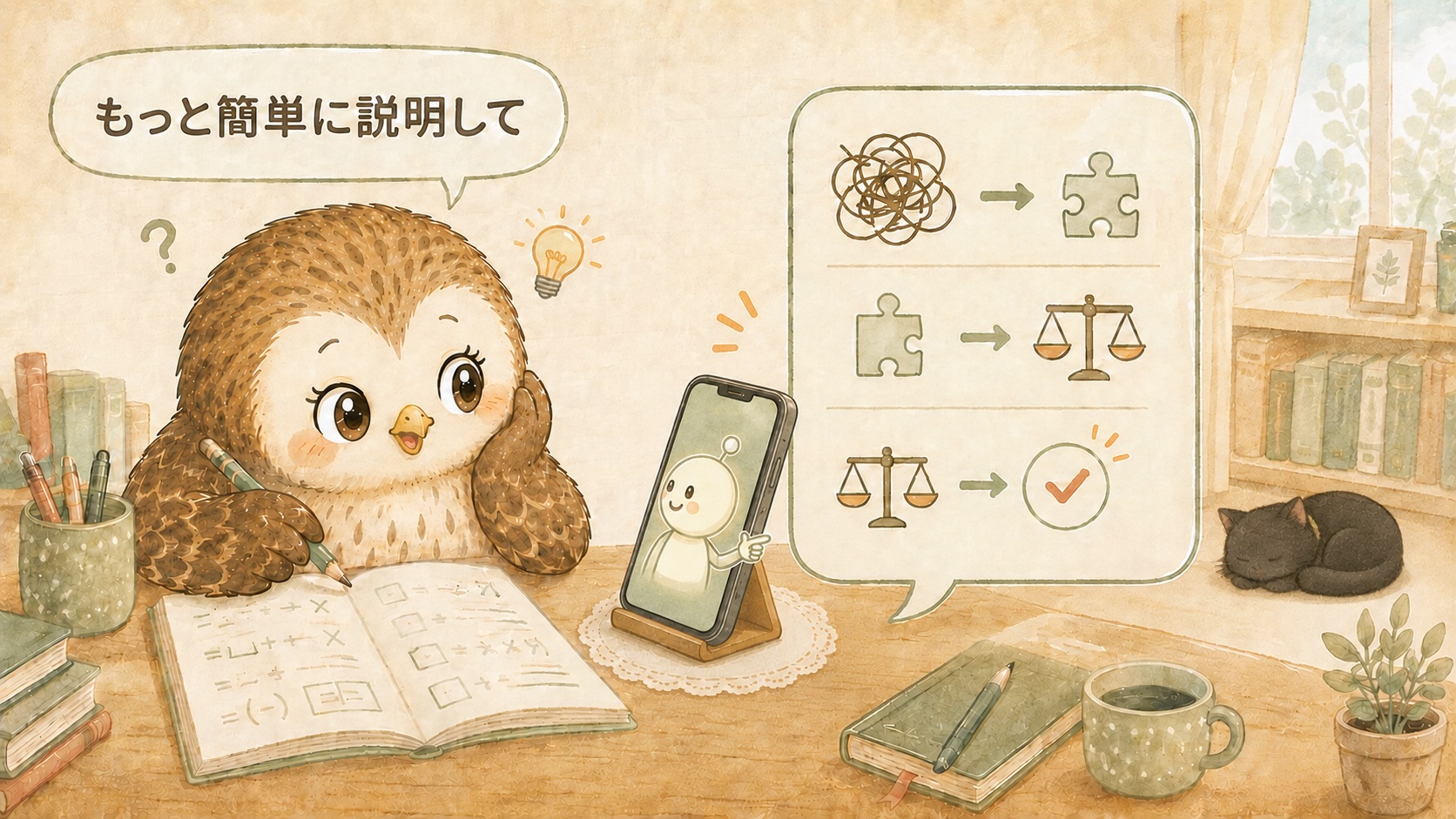 AIに「もっと簡単に説明して」と頼み、FP3級の内容を理解するのすりのイラスト