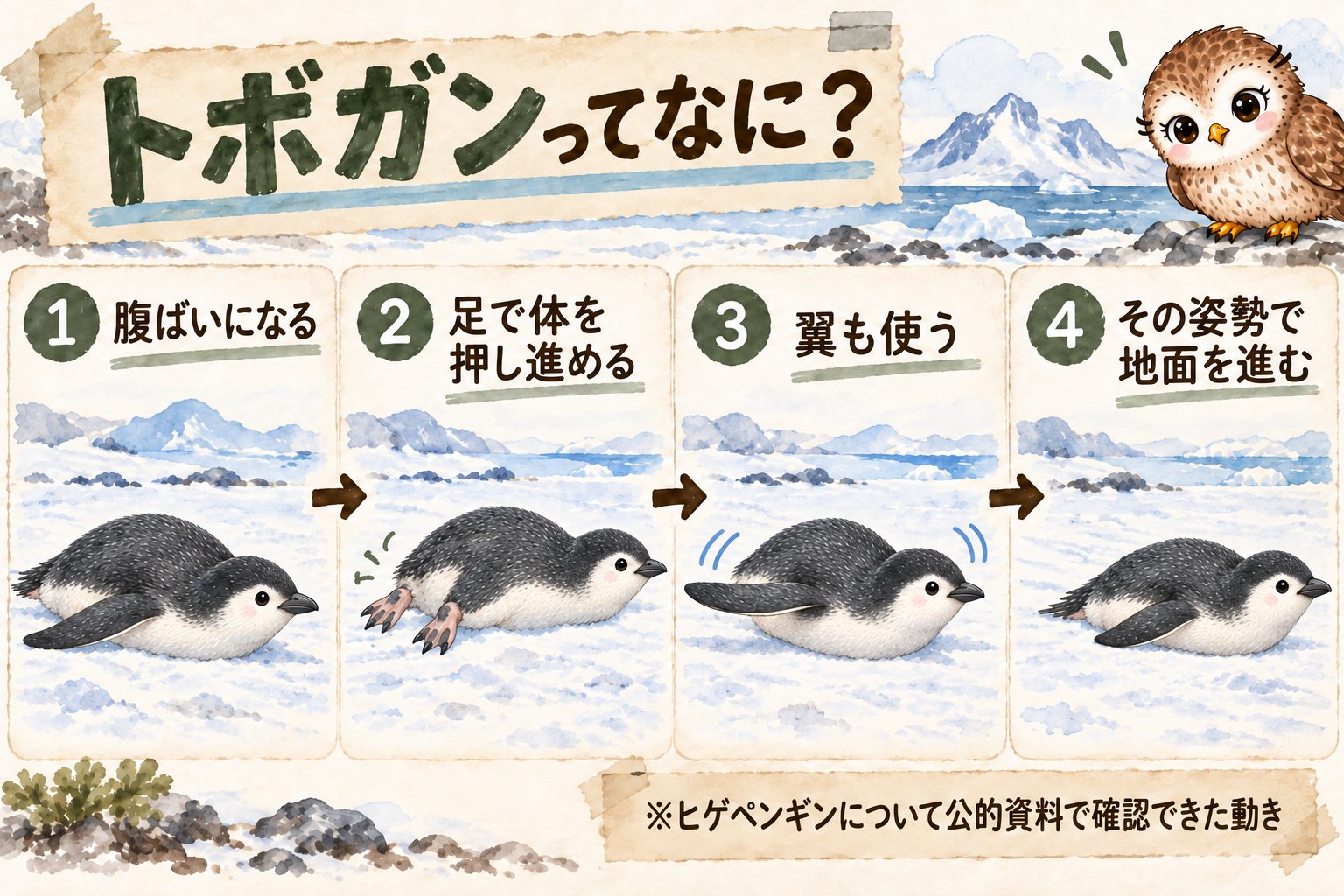 ヒゲペンギンのトボガンの動きを4段階で説明した図解