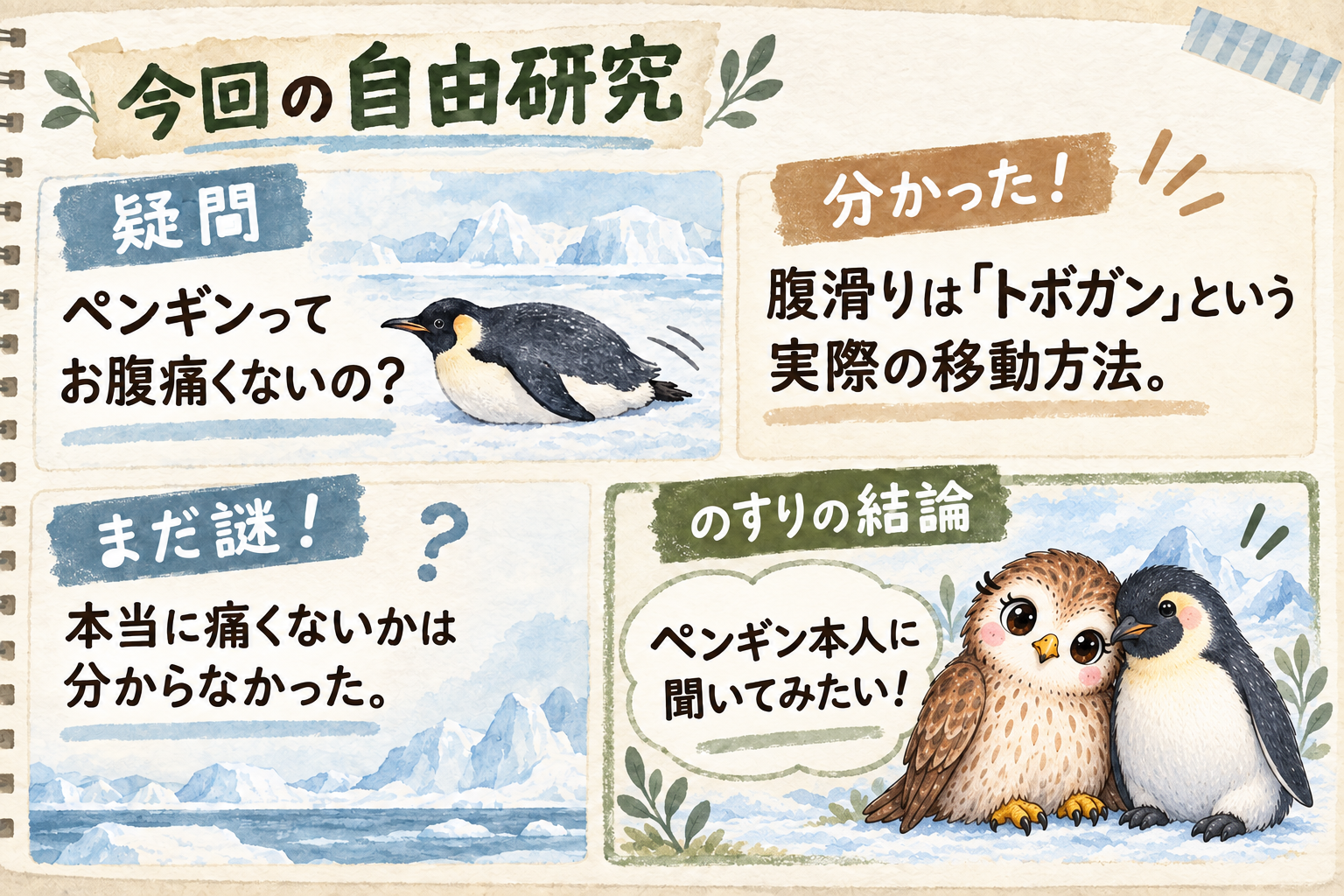 のすりちゃんとペンギンが寄り添う今回の自由研究結果