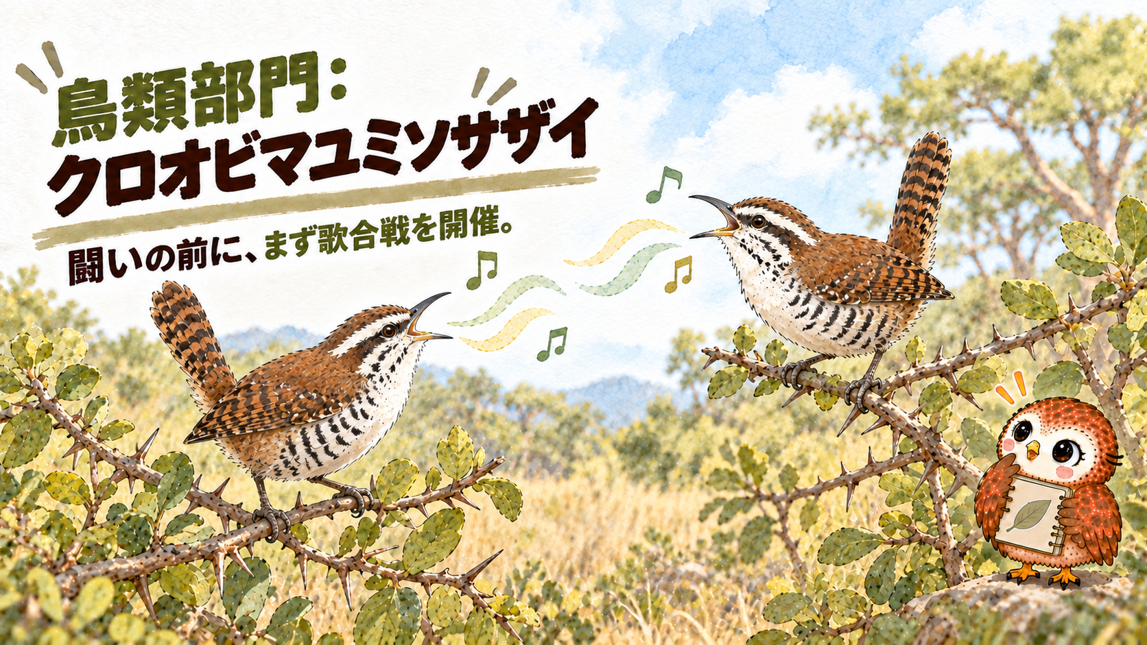 歌で縄張りを争うクロオビマユミソサザイ