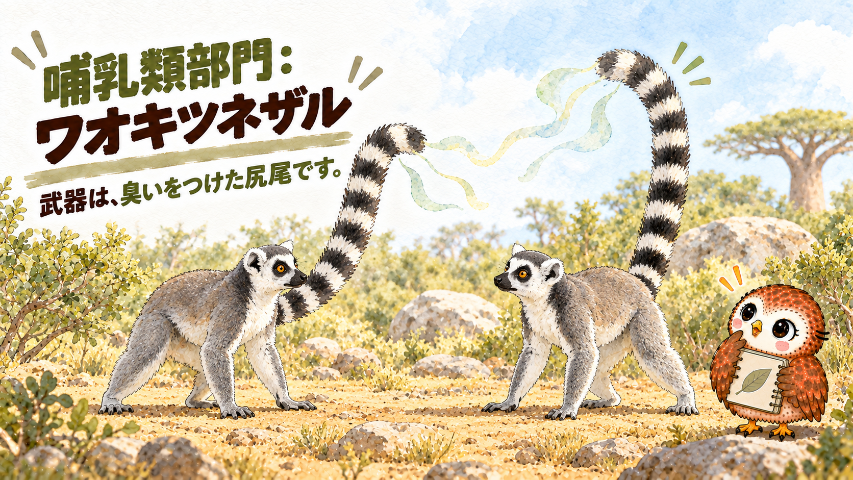 臭いをつけた尻尾で争うワオキツネザル