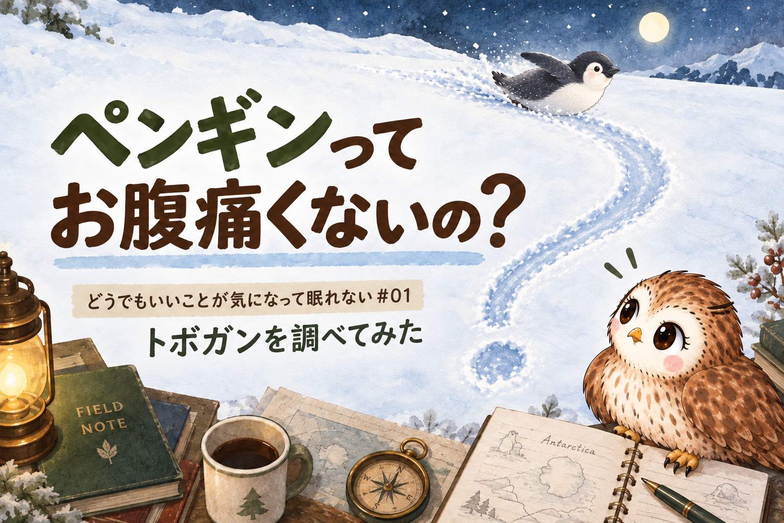 雪の上を腹ばいで滑るペンギンを、研究ノートを持ったのすりちゃんが見つめる水彩イラスト