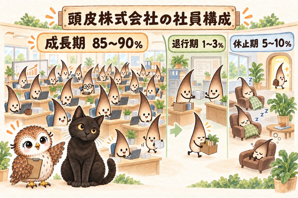 頭皮株式会社の社員構成を成長期・退行期・休止期に分けた図