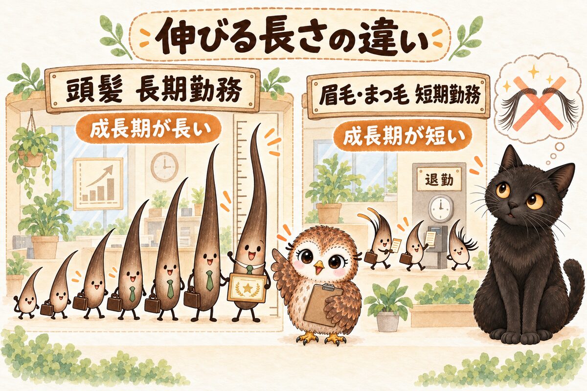 頭髪と眉毛・まつ毛の成長期の長さを比較した図