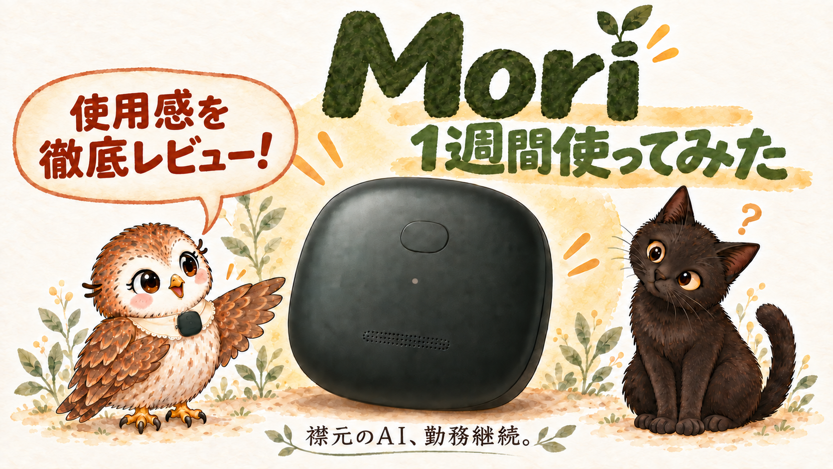 Moriを1週間使ってみた。Mori本体と、襟元に装着したのすりちゃん、不思議そうに見る黒猫ジジのイラスト