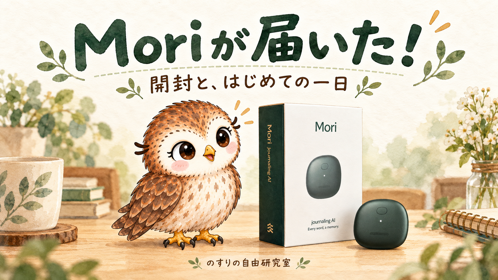 閉じたMoriの箱と本体の横で喜ぶのすりちゃん。Moriが届いた！開封と、はじめての一日