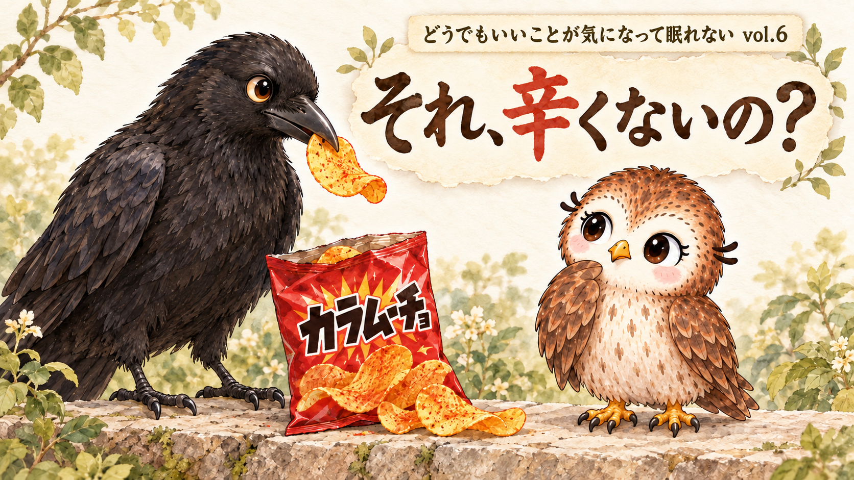 ポテトチップスをくわえたカラスを、のすりちゃんが気にしている水彩イラスト。「それ、辛くないの？」とシリーズ名「どうでもいいことが気になって眠れない vol.6」